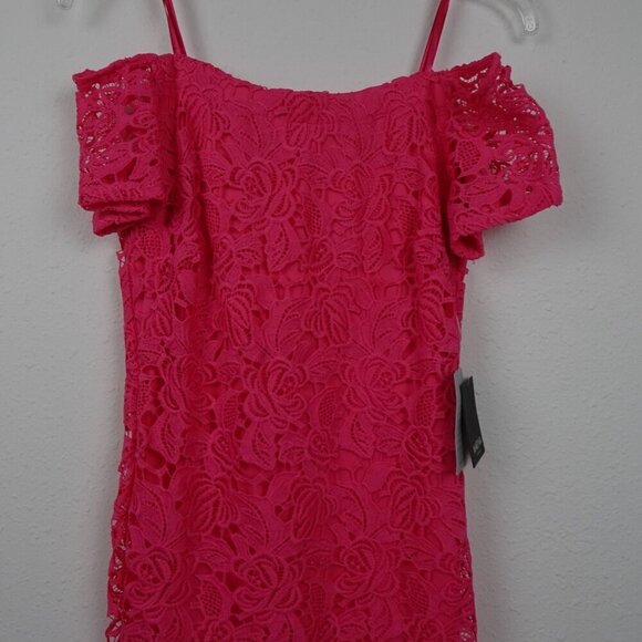 Pink Off the Shoulder Lace Cocktail Dress Women's Size XS Colorful Wedding Guest - Picture 3 of 12